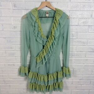 Hot As Hell HAH Ruffle Mini Dress Womens M Green Sheer Mesh Tiered Bell Sleeve